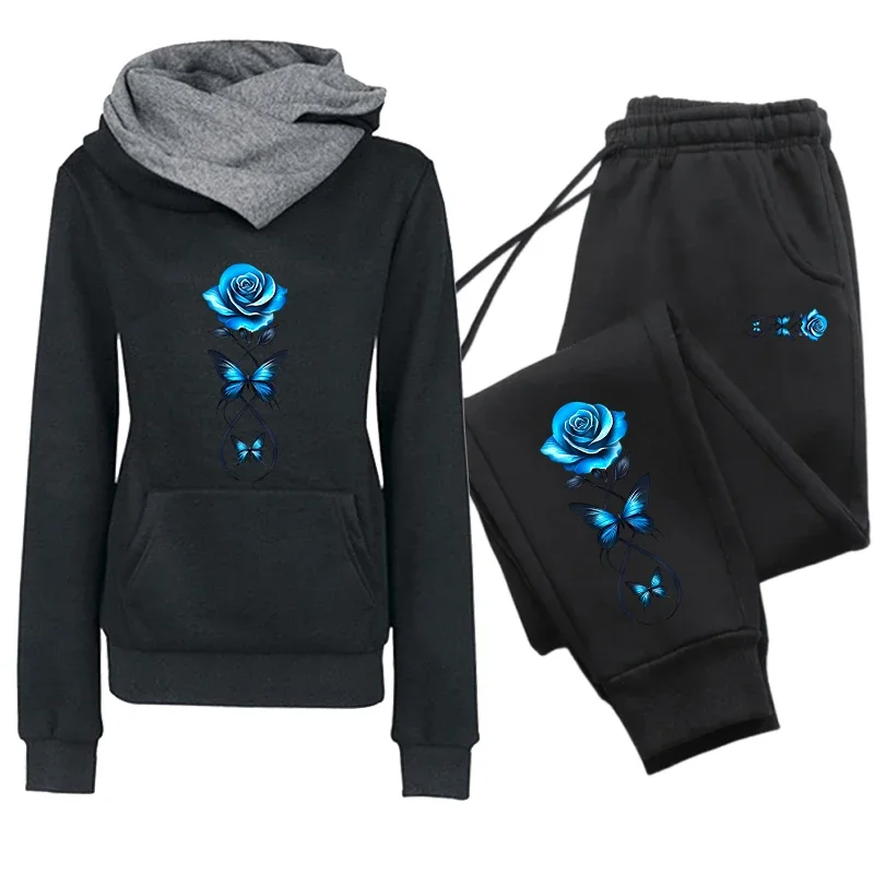 Autumn Winter Female Daily Casual Sports Outfit Women's Set/Hoodie/Pants Fashion Flower Tracksuit Hooded Sweatshirt Sweatpants