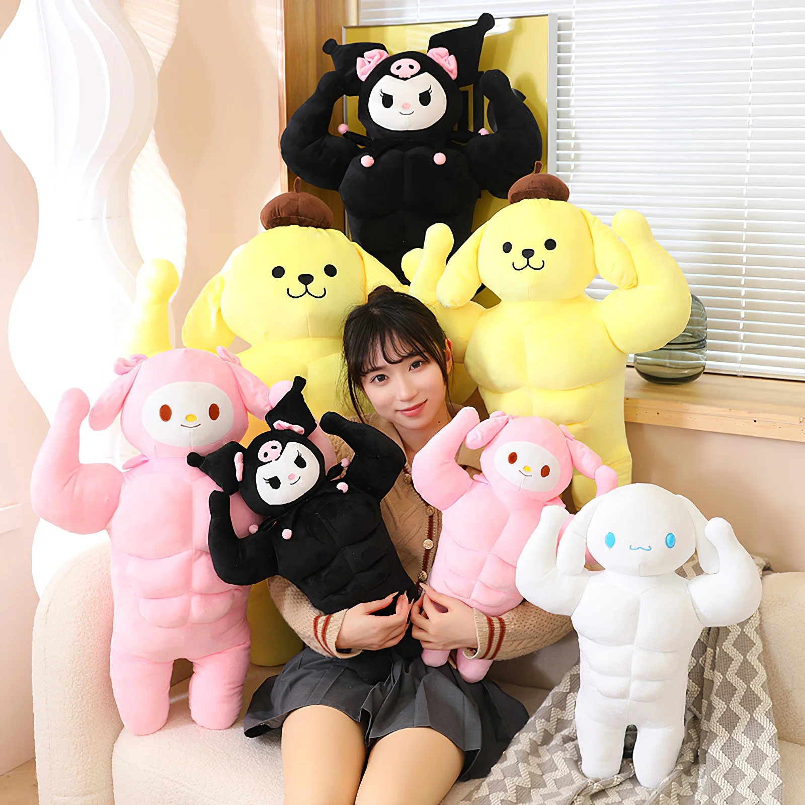 Cartoon Sanrio Muscle Kuromi My Melody Plush Toy Kawaii Cinnamoroll Pom Purin Big Size Soft Stuffed Doll Girl Sleep Pillow Gift