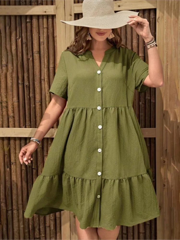 

Casual Short Sleeve Mini Dress For Women Fashion Loose Clothing V-Neck Single-breasted Party Vacation Summer Pink A-Line Dresses