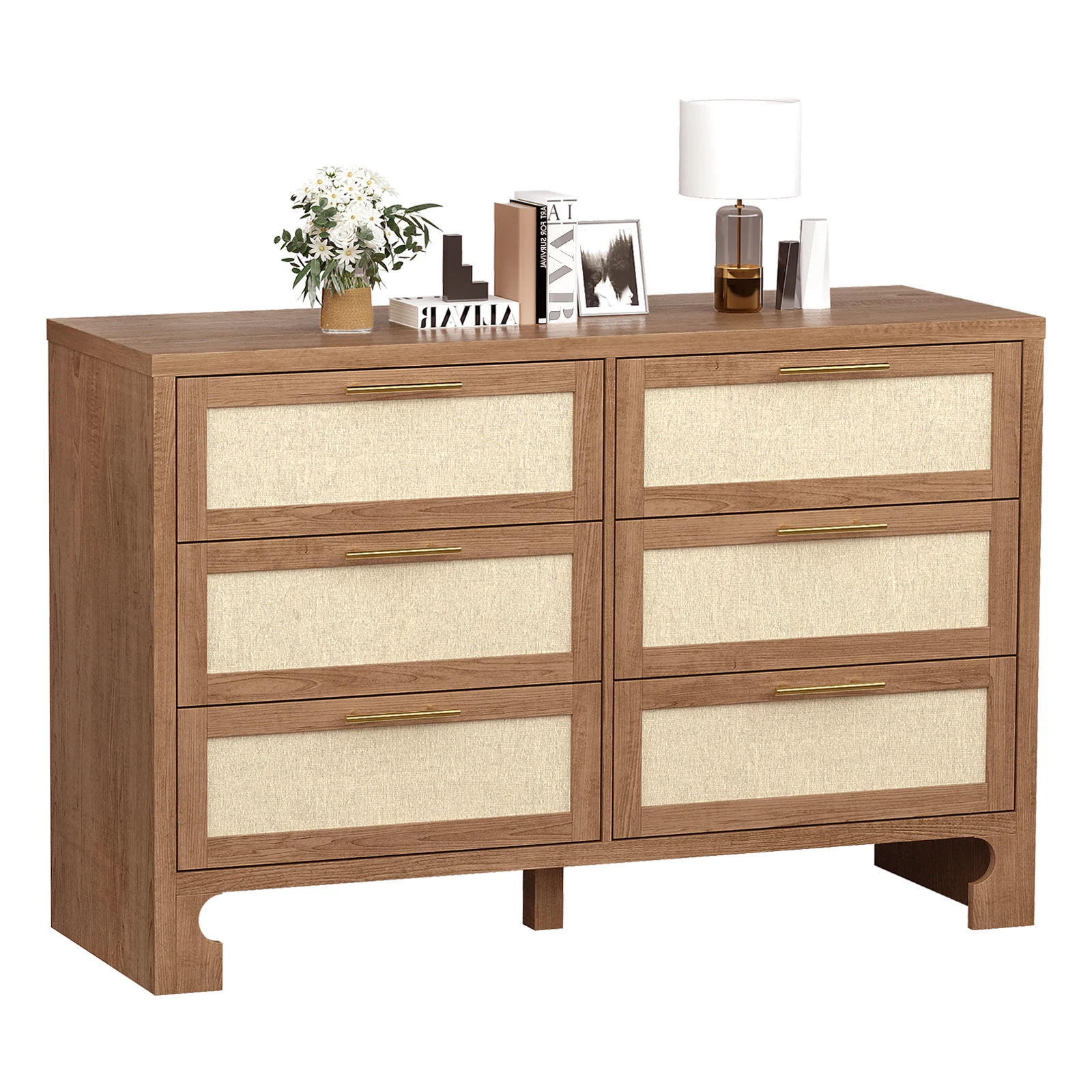 Double Dresser, 6 Drawer Chest of Drawers for Bedroom,Boho Wooden Beside Table with Golden Handles for Closet Coarse Linen Cloth