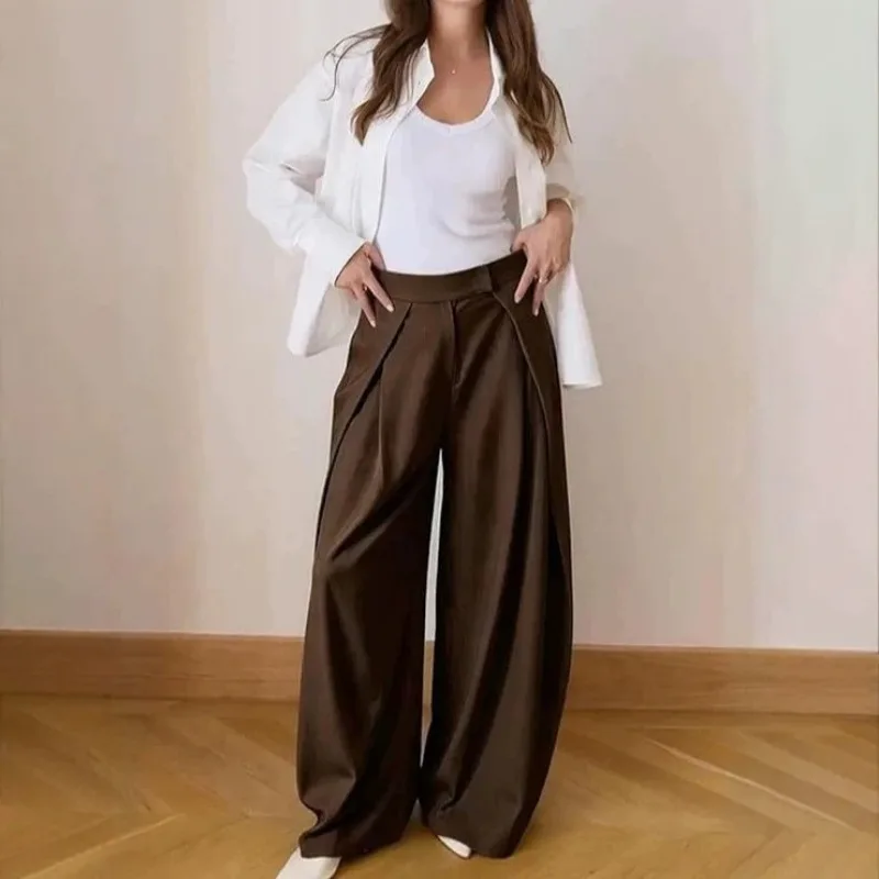 2026 Women High Waist Striped Wide Leg Pants Pleated Suit Trousers Loose Casual Office Business Straight Floor‑Length Trousers