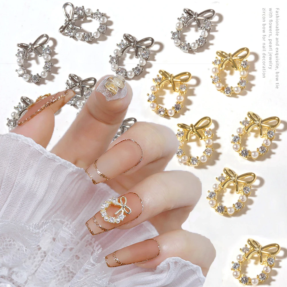 

5/10/30/50 pcs 2022 Nail Art Zircon Luxury Christmas Wreath Explosive Bow Knot Diamond Three-dimensional Pearl Nail Accessories