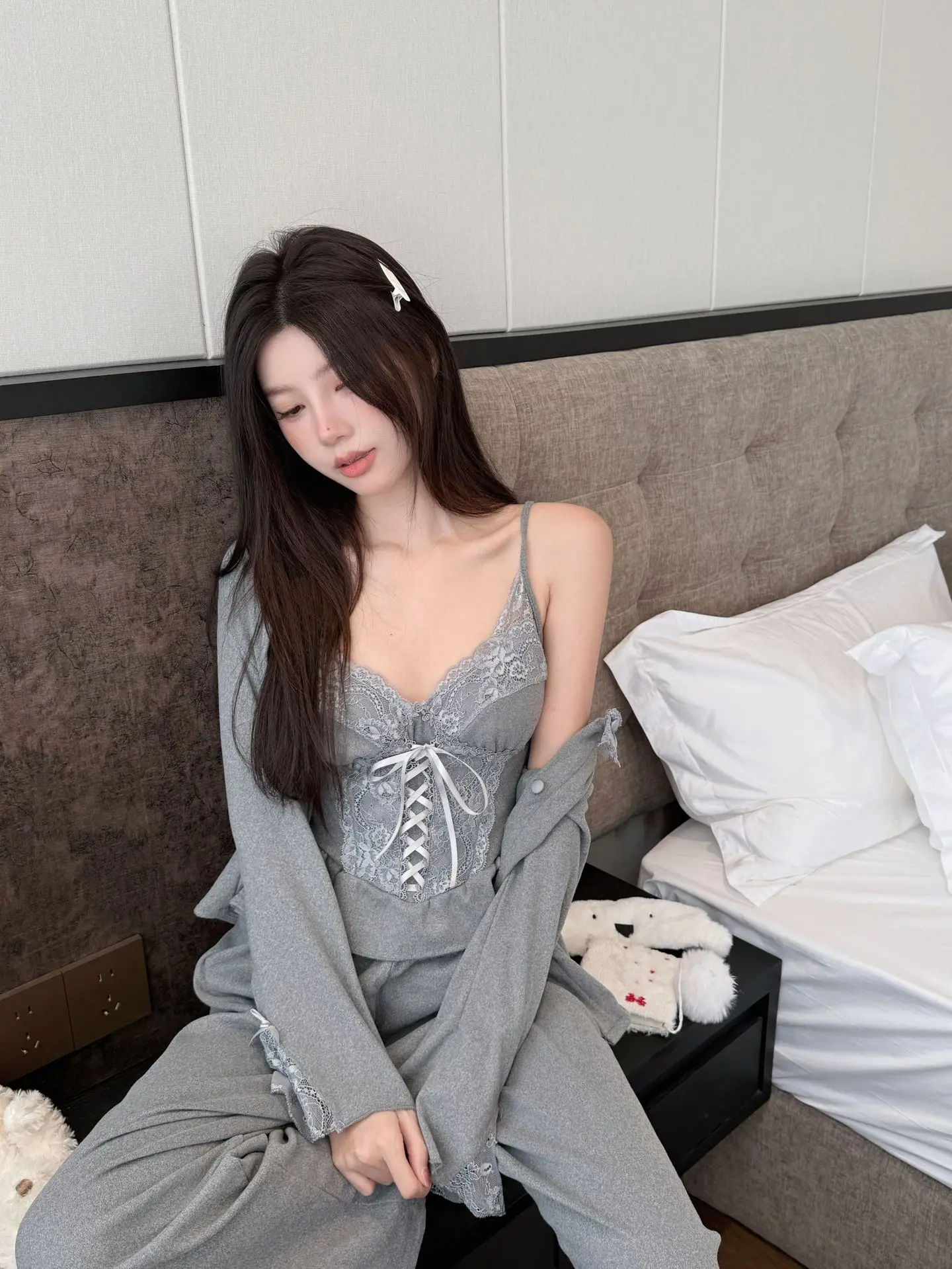 3pcs French Modal New German Velvet Pure Desire Sexy Pajama Women's Autumn Skin friendly Long sleeved Home Clothes