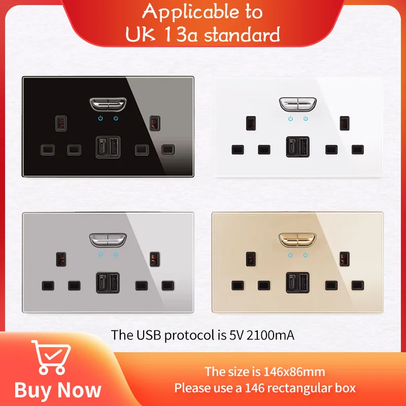 

Glass Reset Toggle 2Gang UK Socket Switch Combination USB TypeC 13a Power Socket Office Hotel Home Villa Decoration 146 * 86mm