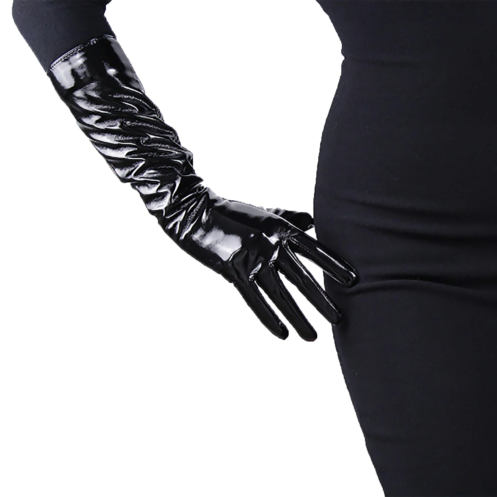 DooWay Sexy Women Shine Black Fashion Gloves Long 16-inch Faux Patent Leather Wet Look Cosplay Costume Wedding Party Lady Gloves