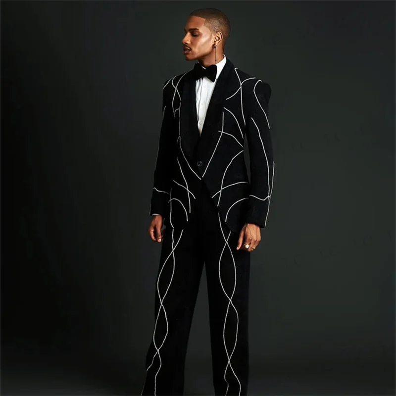 Romantic Men Suits 2 Pieces Blazer Pants Lines One Button Prom Formal Tuxedos Wedding Party Groom Best Man Plus Size Tailored