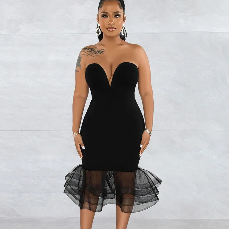 

Sexy Strapless V-neck Tube Bodycon Midi Dresses for Women Elegant Off Shoulder Ruffles Hem Celebrity Prom Party Dress Nightclub