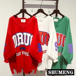 Ripped Loose Sweatshirt New Spring and Autumn Women Mid-Length V-neck Letter Printed Shirt Student Lazy Hoodie Coat