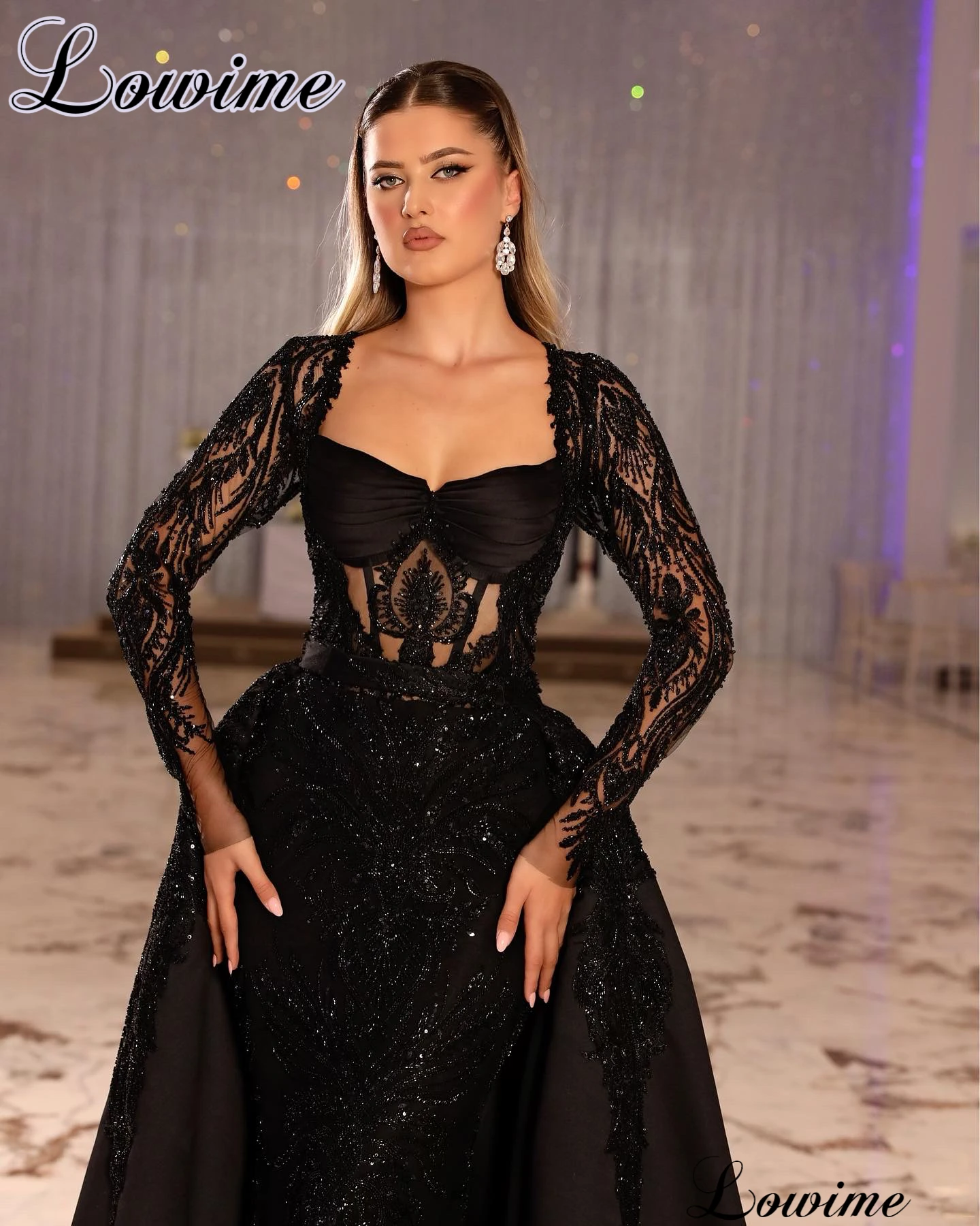 Robes de soirée perlées noires avec poignées pour femmes, robes d'occasion formelles, manches longues, train amovible, 2 pièces