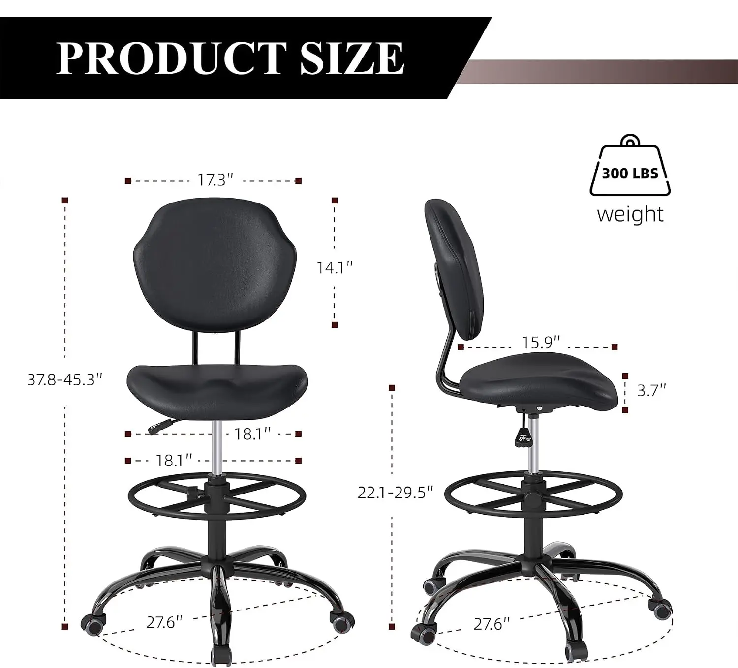 Drafting Chair With Back Support Tall Desk Rolling Stool Armless High Faux Leather Office Chair With Footrest Ring Height Adjustable Seating For Standing Desk Workbench Studio Black Set Of 1