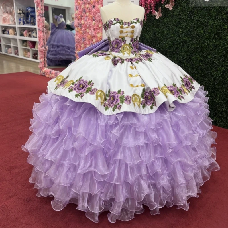 

Lavender Quinceanera Dresses Off The Shoulder Applique Lace Beading Bow Tiered Tull Party Birthday Sweet 16 Dress Vestidos 15 De