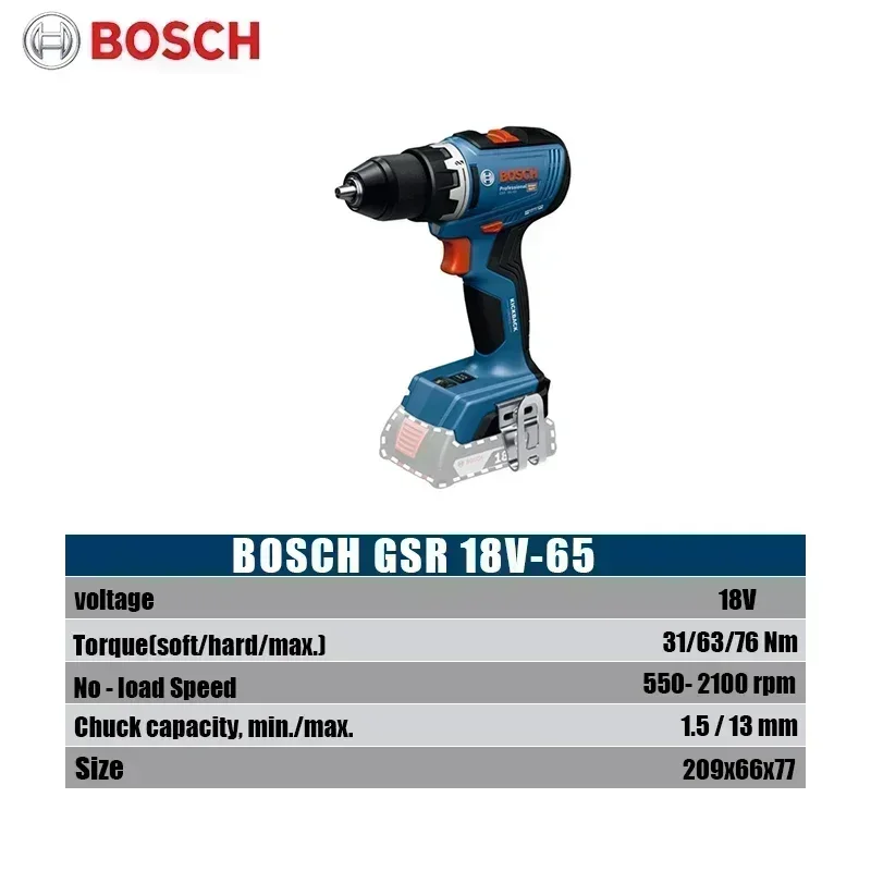 Bosch GSR 18V-65 Brushless Cordless Drill 18V 63Nm High Torque Small Space Operation Tool Anti Reverse Twist Electric Tool