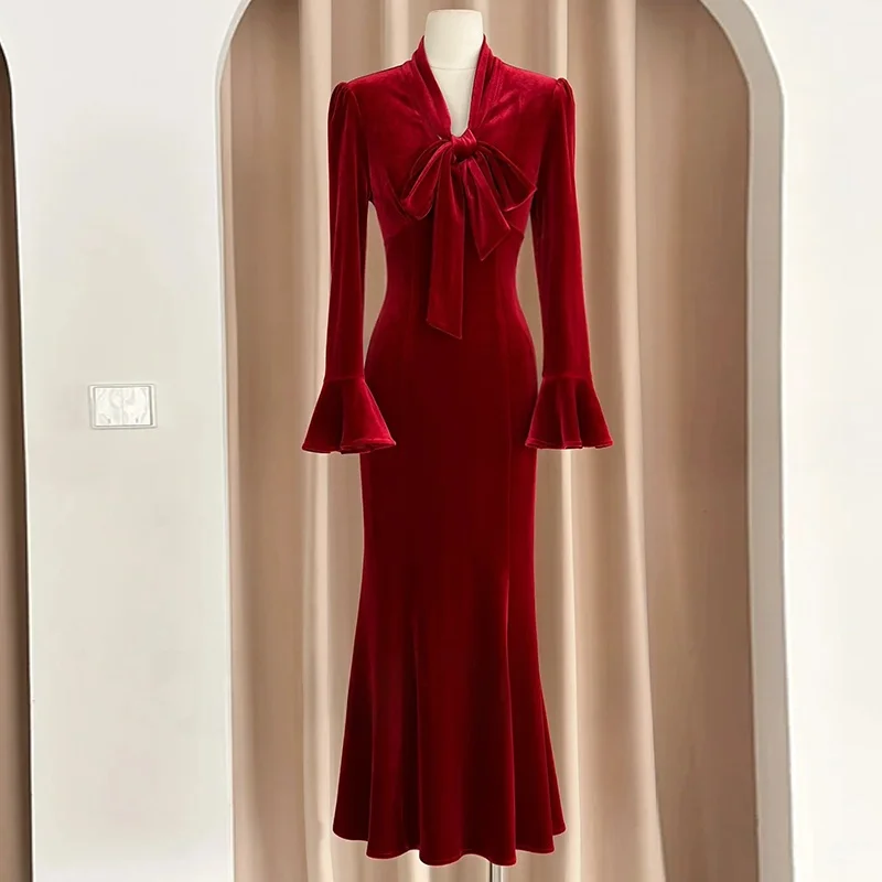 

Velvet Wedding Dr Long Sve Fi Tail Gown for Engagement Par Faionable Mid-Length Evening Gown Deep V-Ne Sle