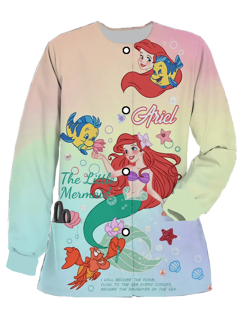 New women's frosted long-sleeved doctor work uniform Disney Mermaid Princess print spring and autumn casual nurse uniform