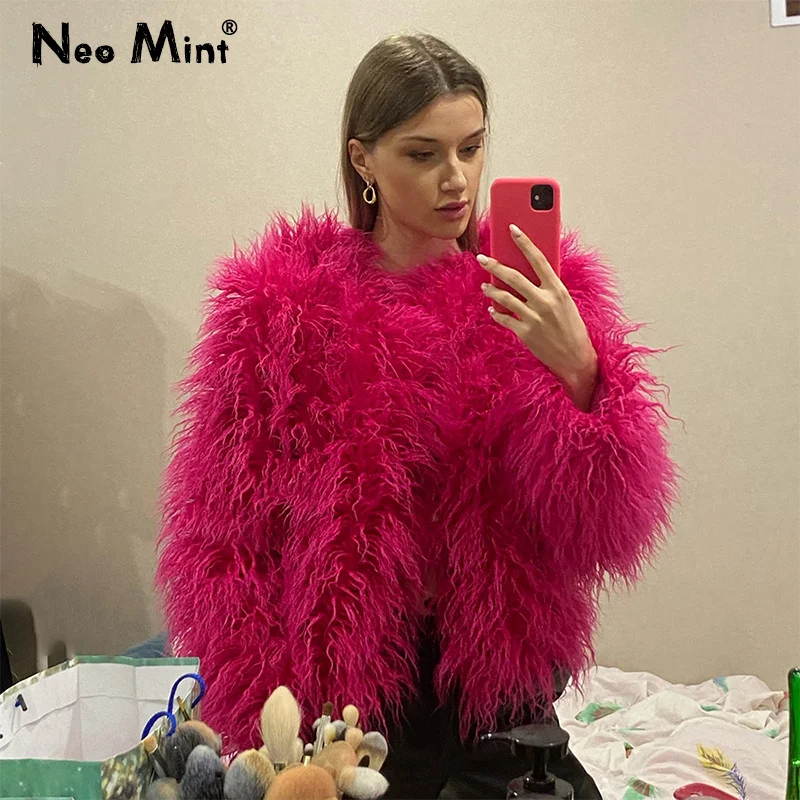 Candy Colorful Elegant Fuzzy Faux Fur Coat Women 2024 Winter Fashion Shaggy Oversized Fluffy Sheep Fur Jacket Festival Fur Coats