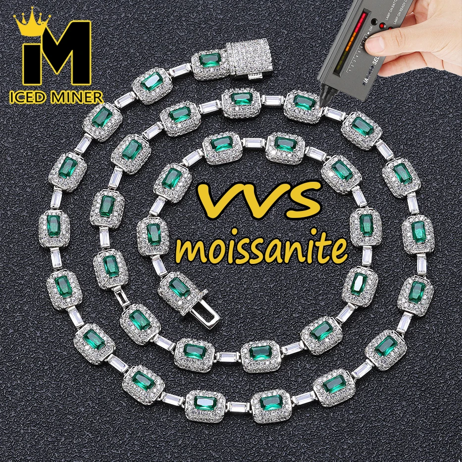 7mm Green Baguettes Moissanite Necklace S925 For Women Men Iced Out Chain Hip Hop Jewelry Pass Diamonds Tester GRA Free Shipping