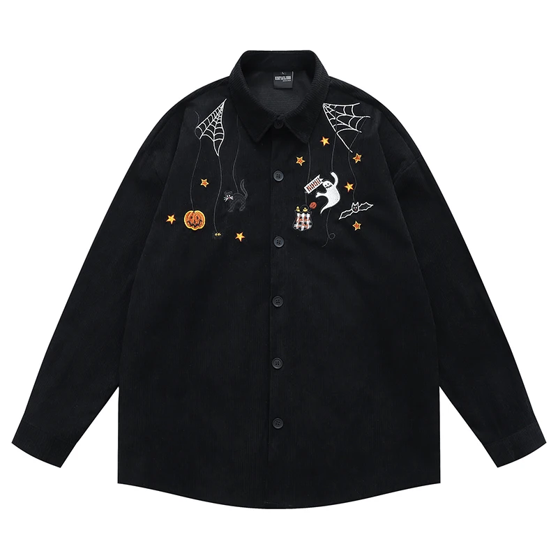 

Halloween Embroidered Shirt Men Women Oversized Corduroy Blouse Long Sleeve Casual Button Up Tops with Ghost Pumpkin Cat Bat
