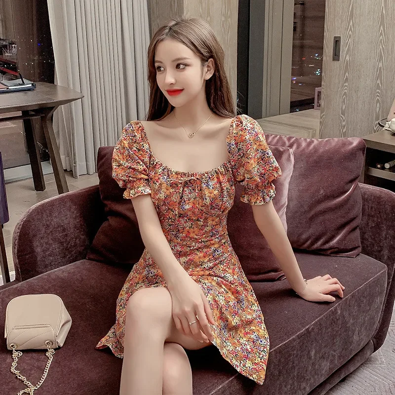 Elegant Square Collar Flower Slimming Dress For Women 2021 Summer New Style Korean Fit Waist-fitted Short Sleeves Petite Dress