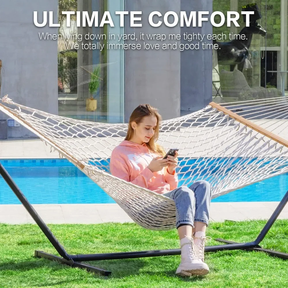 Double Rope Hammock with Stand Included, 12ft Heavy Duty Stand, 2 Person Traditional Cotton Rope Max 475lbs Capacity (Burlywood)