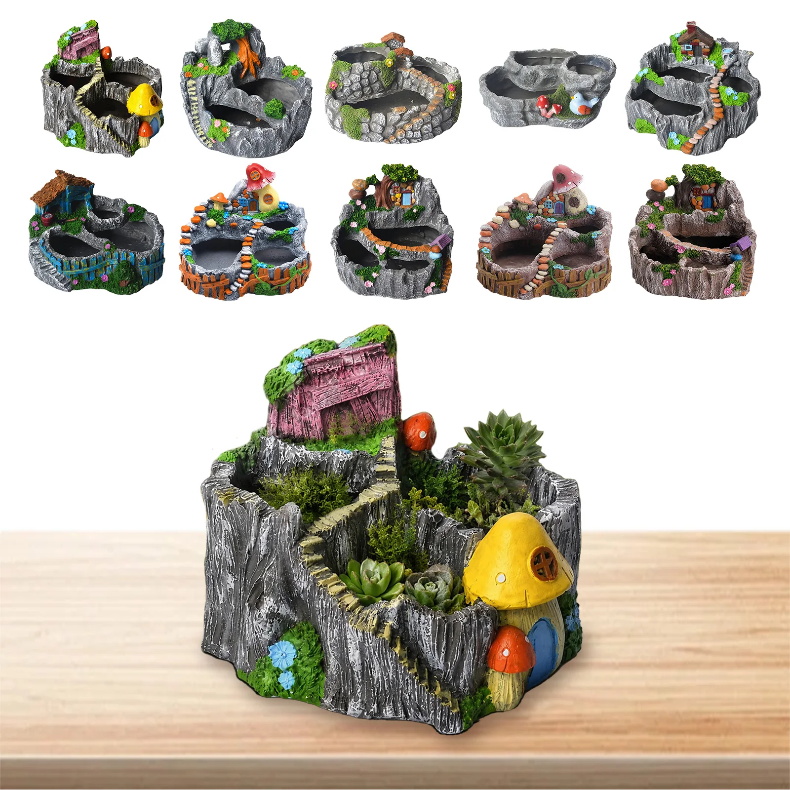 Rockery Villa Landscape Resin Succulent Planter Multilevel Layered Indoor Outdoor Garden Decor Gift