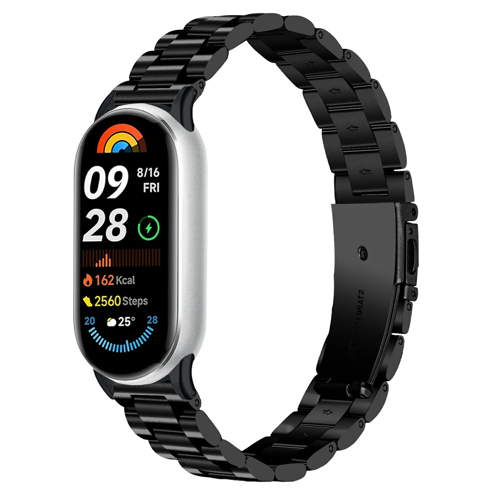 Metal Watch Band for Xiaomi Smart Band 10 / 9 / 8 Stainless Steel Three-Bead Chain Strap - Black