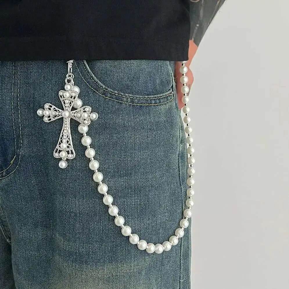 KunJoe الهيب هوب كبير يسوع الصليب قلادة السراويل سلسلة الرجال النساء العصرية تقليد اللؤلؤ الجينز الخصر سلسلة مجوهرات اكسسوارات اليومية