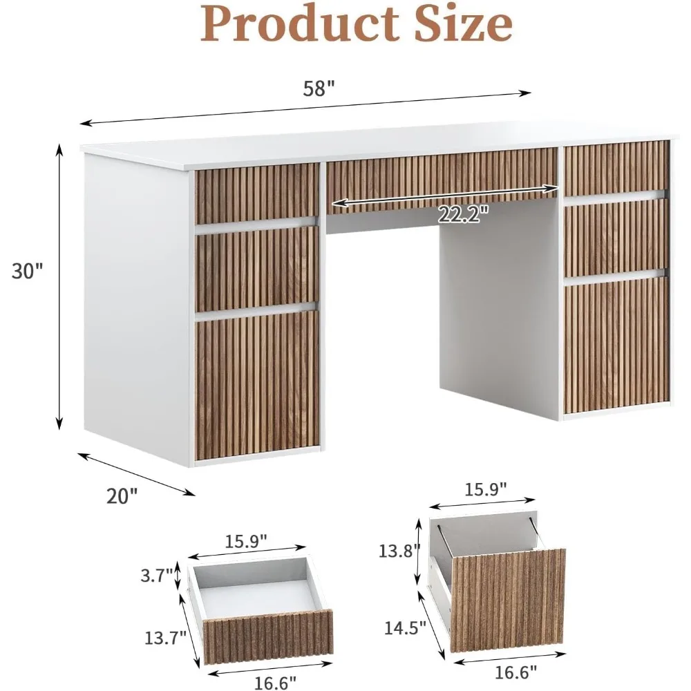 Large 58 Inch White Desk with 7 Drawers, Home Office Desk for Storage and Organization, Executive Style Desk with File Cabinet S