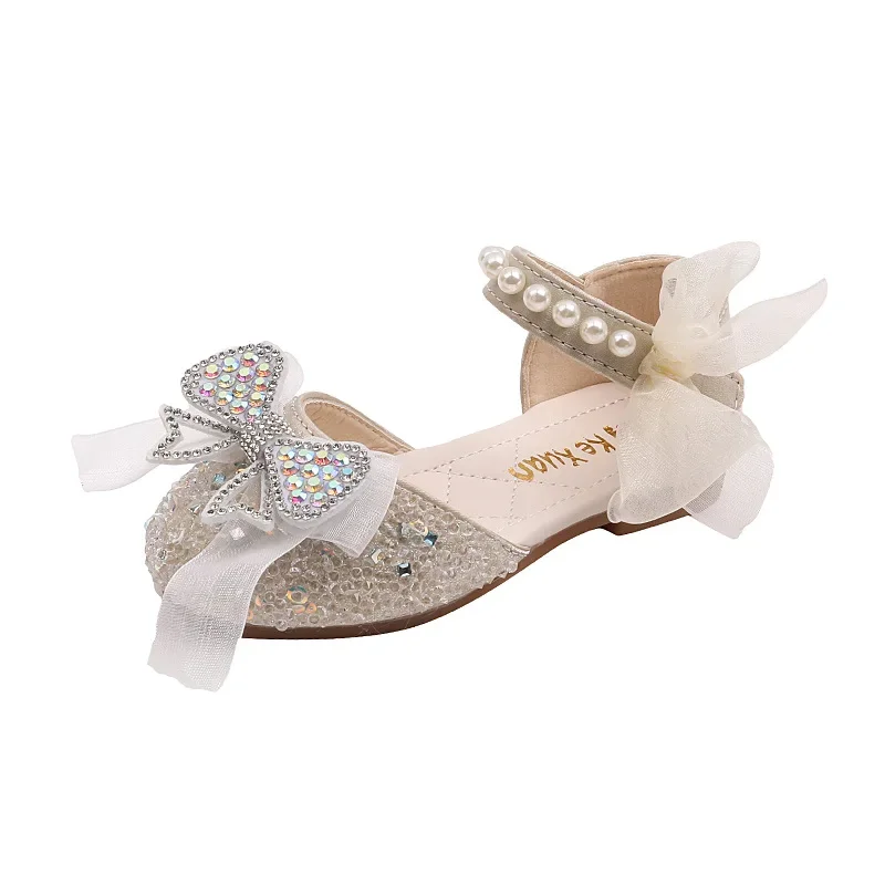 Children\'s Sandals Sweet Rhinestone Bowtie Princess Shoes for Girls Summer Fashion Elegant Pearl Kids Causal Dress Flat Sandals