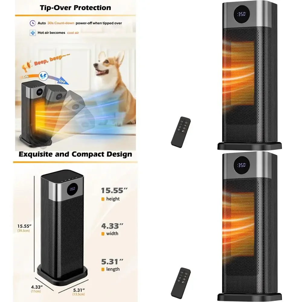 

Портативный обогреватель мощностью 1500 Вт с дистанционным управлением, цифровым термостатом, осцилляцией, таймером, 3-уровневым контролем температуры для дома и офиса