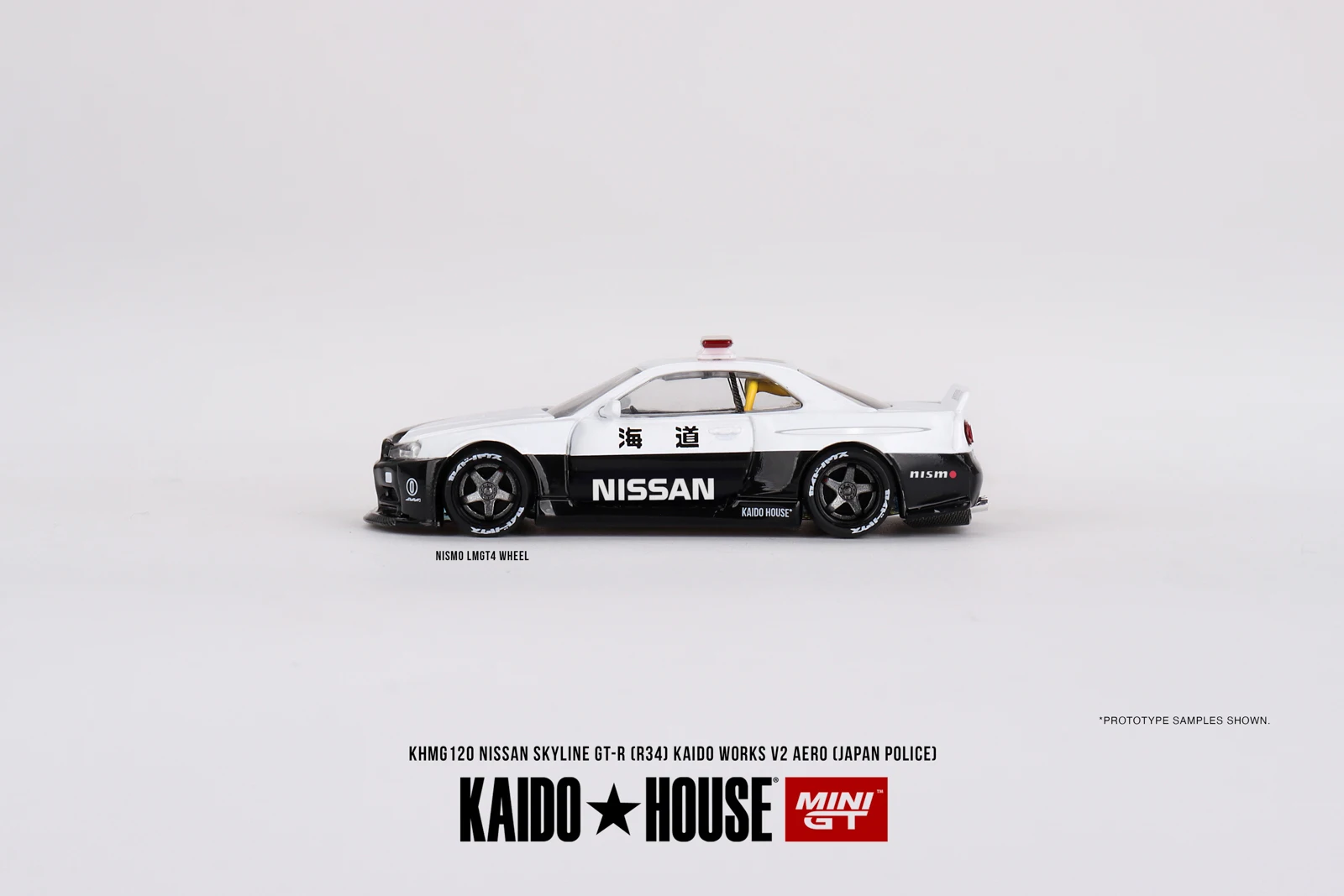 Kaido House+MINIGT Nissan Skyline GT-R R34 Kaido Works (V2 Aero) Police KHMG120 Car Alloy Diecast Model Kids Xmas Toys for Boys