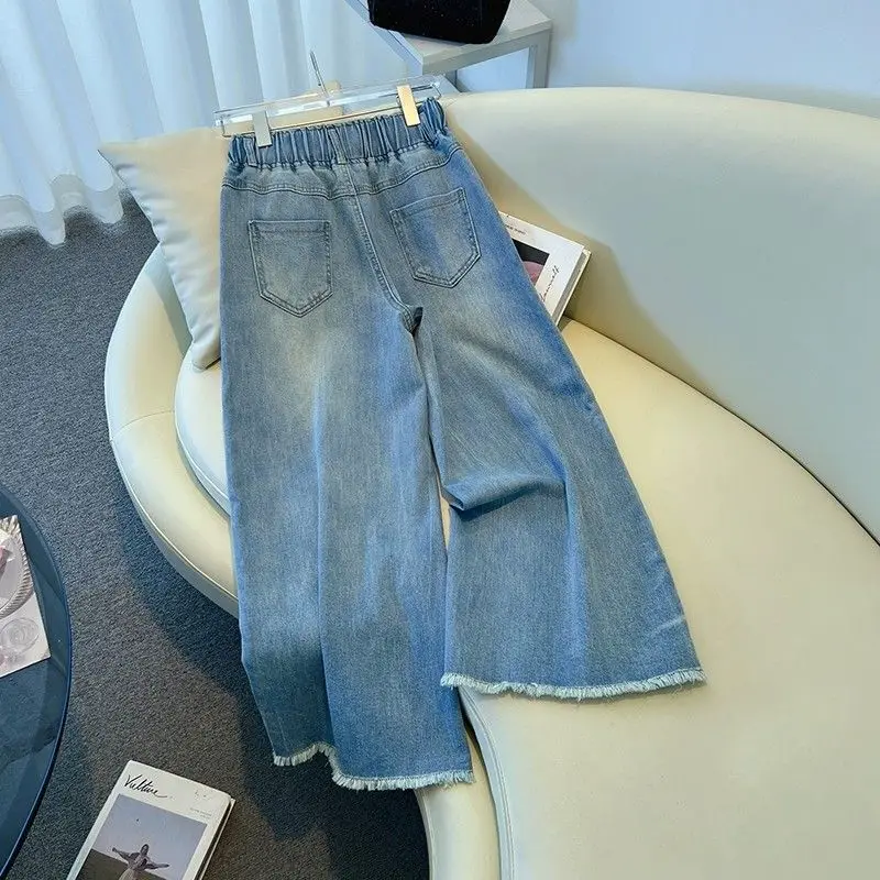 Jeans femininos de cintura elástica com pernas largas – calças jeans cortadas retas de cintura alta para conforto e estilo casual de verão