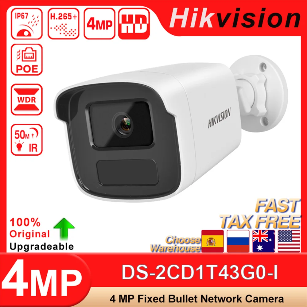 

Hikvision Original DS-2CD1T43G0-I 4 MP POE IR50M Fixed Bullet IP Network Camera Motion Detection security protection H.265+ IP67