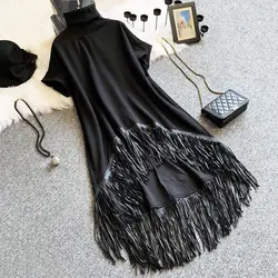 Spring Autumn Black Turtleneck Irregular A-Line PU Splice Fringed Dress Short Sleeve Long Tassels Patchwork Dress Vestidos Tops