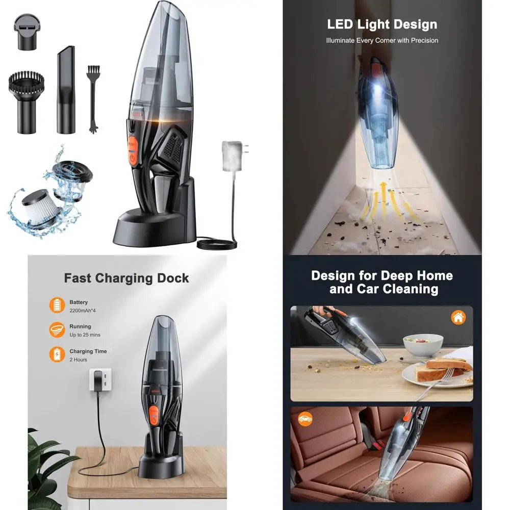 

Беспроводной ручной пылесос, всасывание 9 кПа, док-станция для быстрой зарядки 2 часа, светодиодная подсветка, 2 фильтра HEPA, влажное/сухое использование для дома, автомобиля, офиса, домашних животных