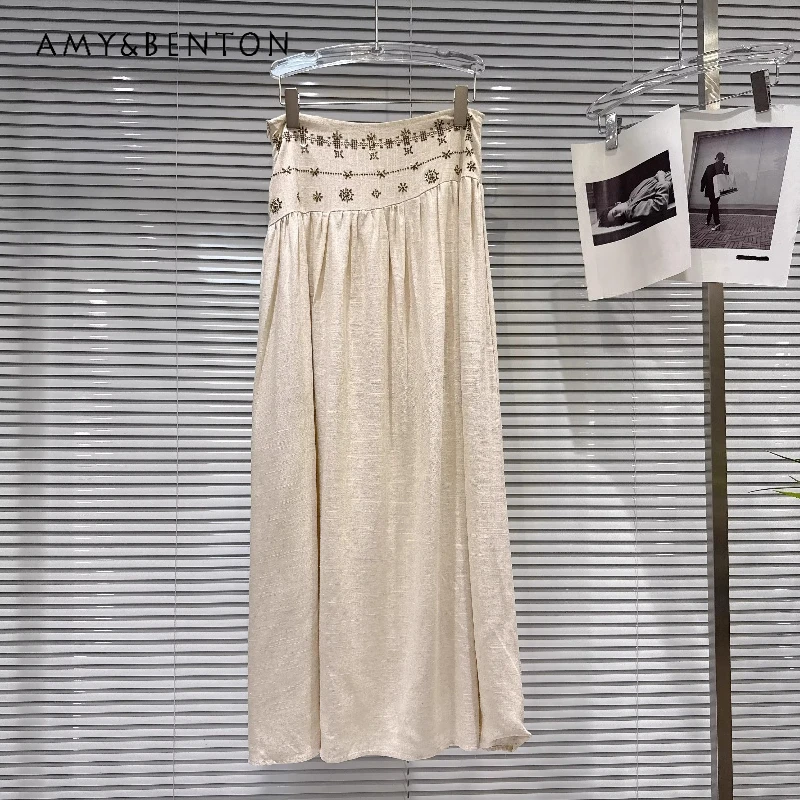 

2026 Summer Vacation Style Women's Clothing Retro Design Casual Gold Beaded Cotton Linen High Waist Versatile Long Skirt Ladies