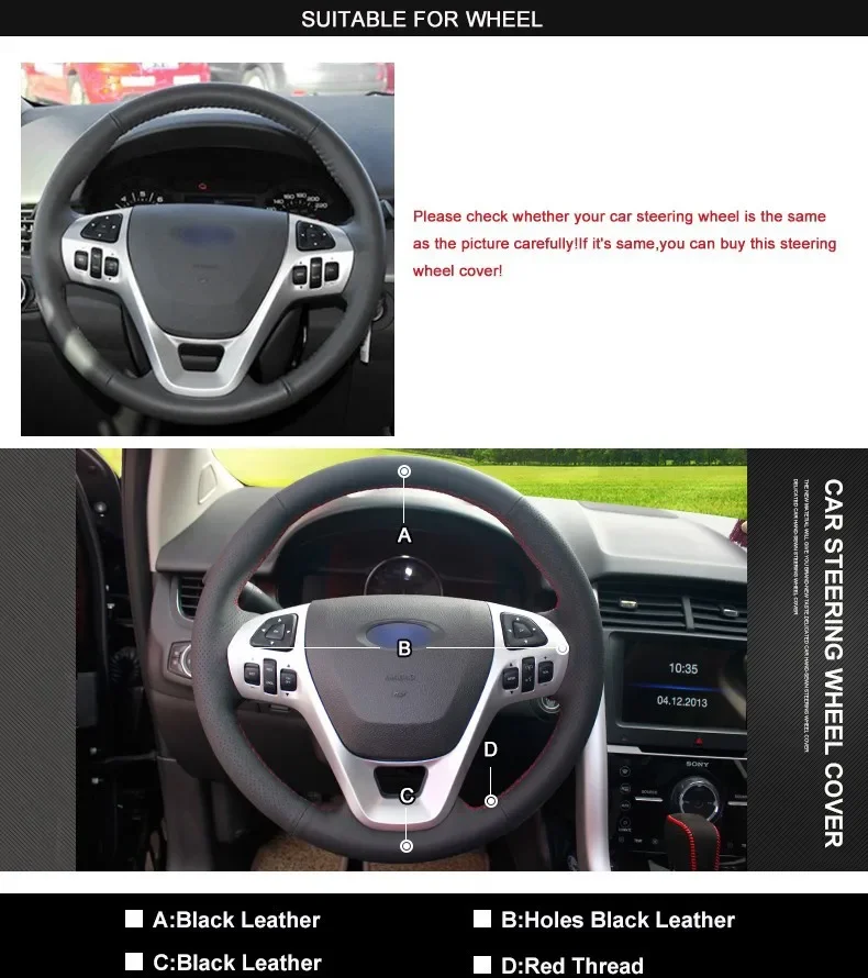 Hand-Stitch Non-slip Genuine Leather Car Steering Wheel Cover Wrap for Ford Explorer / Taurus/ Edge Interior Accessories
