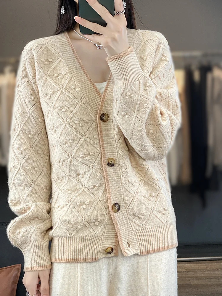 Addonee Women Sweater Autumn Winter Vintage Style Cardigan Hollow Twist 100% Merino Wool V-neck Long Sleeve Thick Knitwear 2023