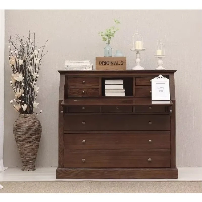 Q  Country Solid Wood Desk, Retro Flip Multi-functional Storage Desk Computer Desk