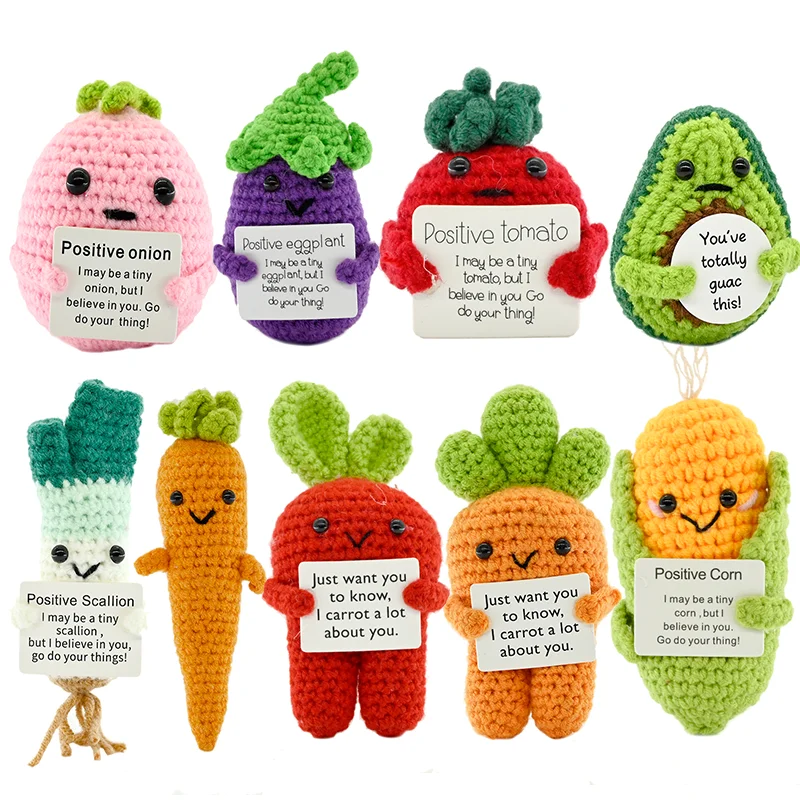 Serie Veggie&Fruit: Set de Vegetales de Ganchillo con Energía Positiva, Muñeco Tejido a Mano con Tarjeta de Ánimo, Mini Decoración de Escritorio, Regalo