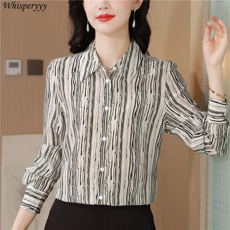 Blouses for Women Fashion Spring New Printed Loose Long-sleeved Striped Tops Female Turn-down Collar Single-breasted Shirt