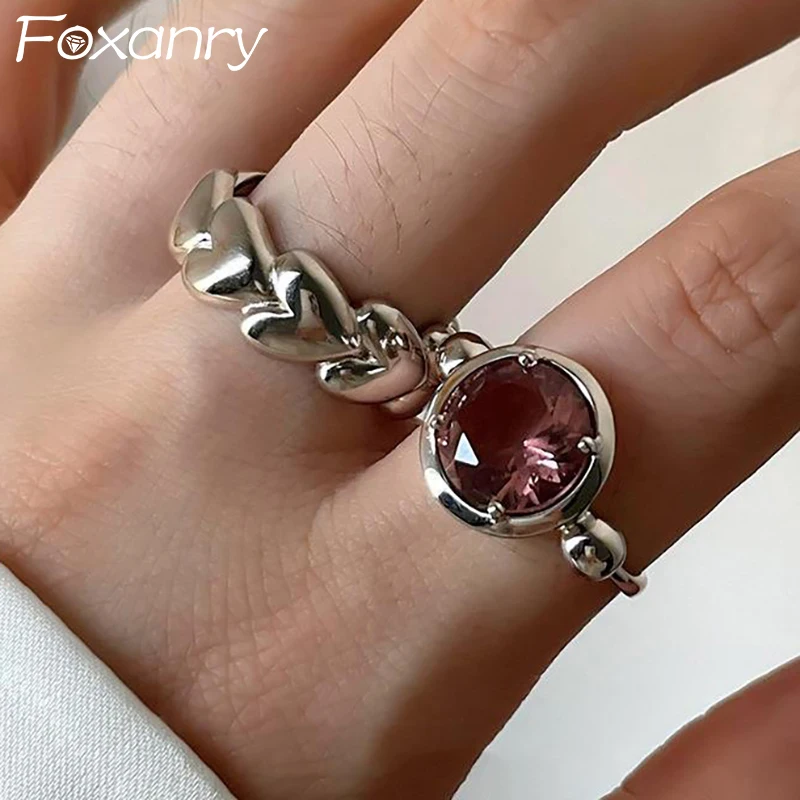 Foxanry INS Fashion Purple Zircons Finger Rings for Women Couples Creative Simple LOVE Heart Geometric Handmade Party Jewelry