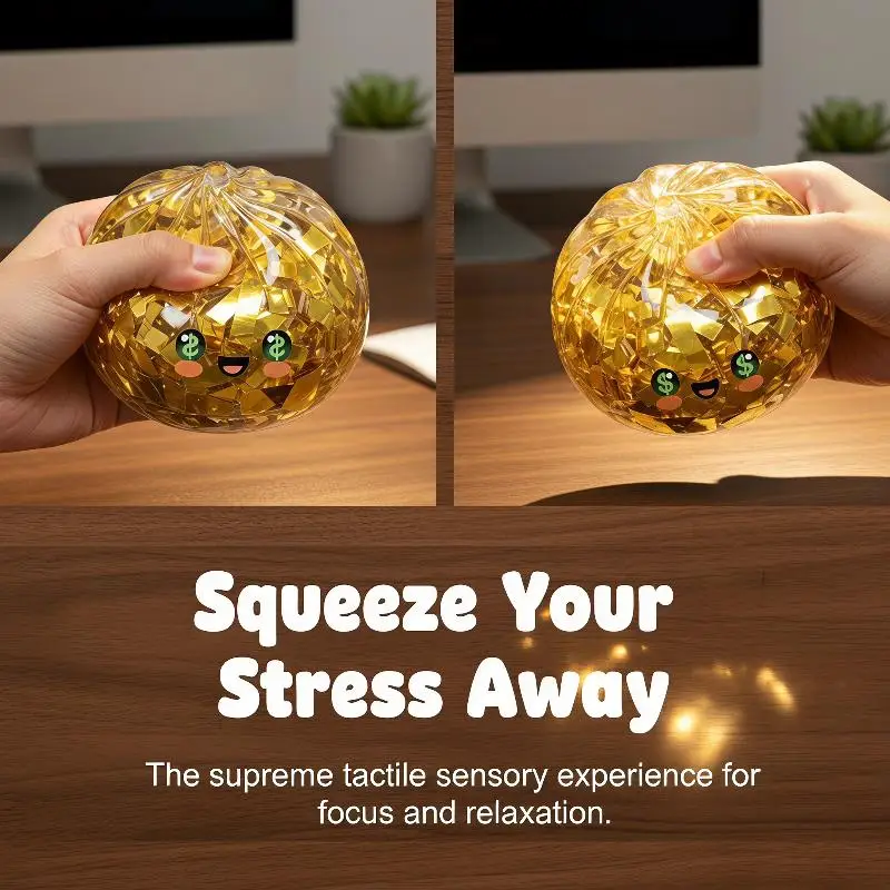 Golden Confetti Dollar Face Soft Squishy Stress Ball Squeeze Fidget Toy Anxiety Relief for Kids Adults Home Office