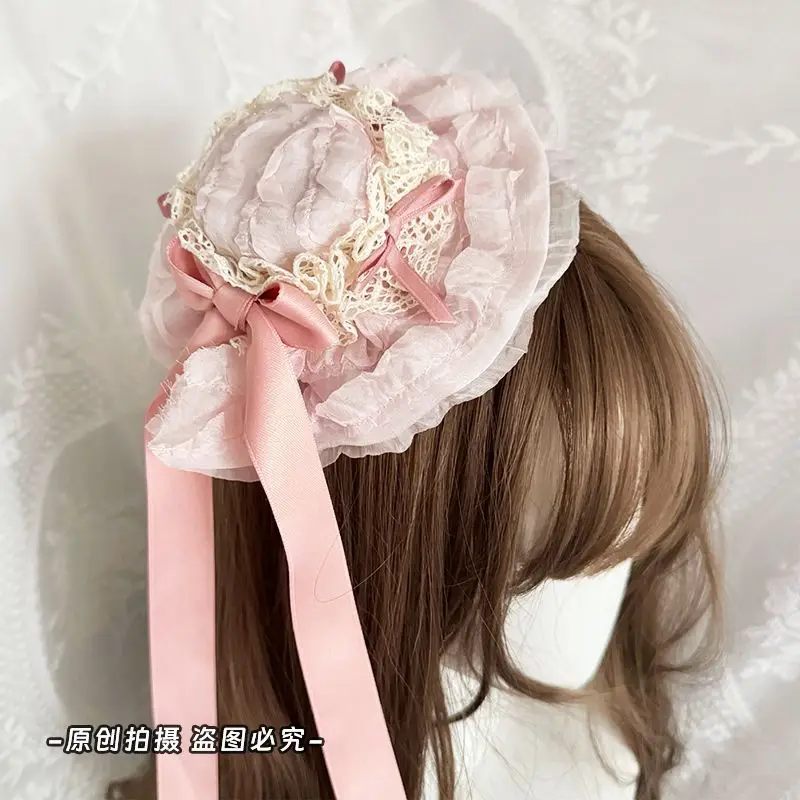 

Original Handmade Pink Lace Bow Mini Hat Fascinators, Stylish Lolita Hair Clip Headwear for Sweet Girls