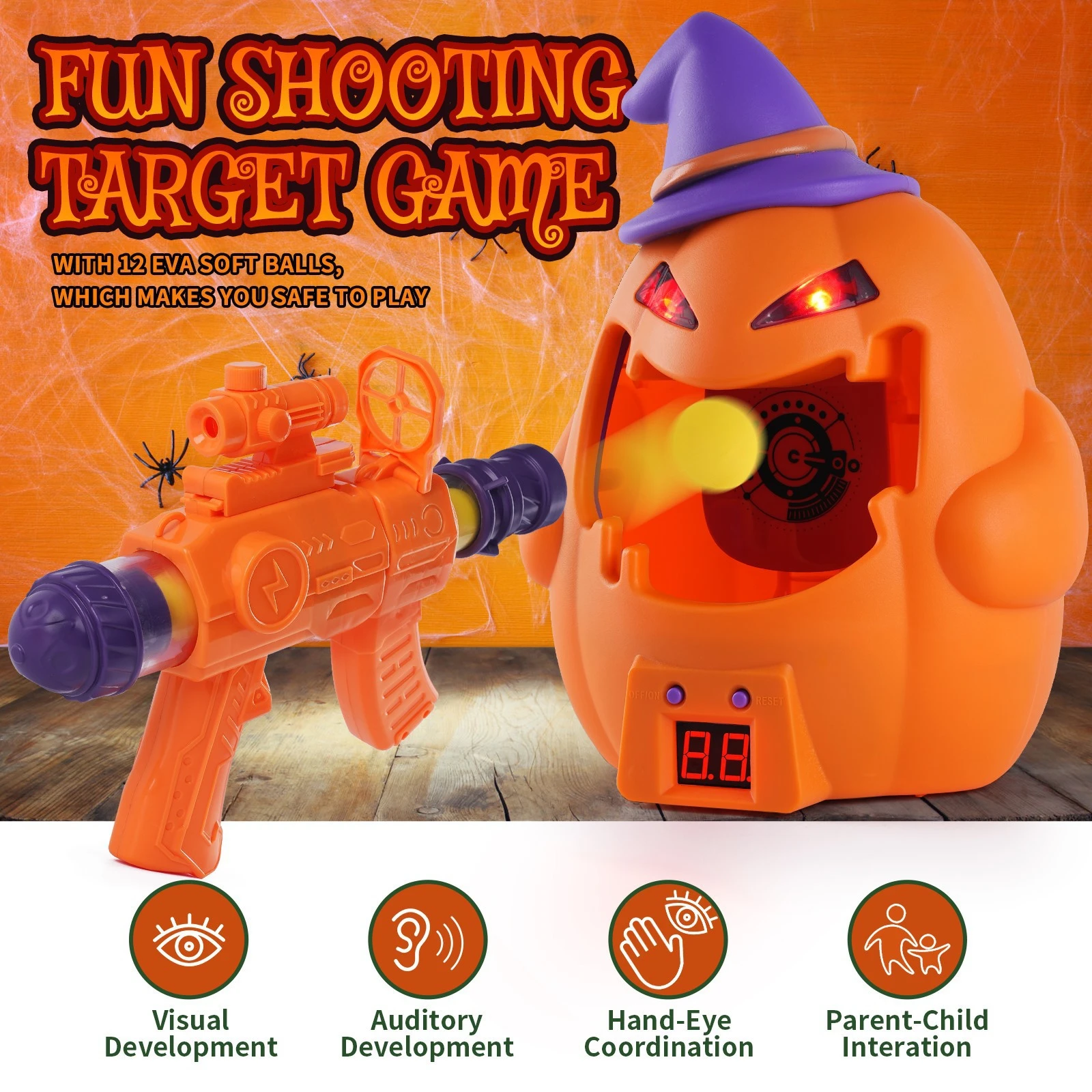 Kids Electric Scoring Pumpkin Target with Foam Ball Blaster Shooting Toy Light Sound Indoor Outdoor Party Game Halloween Gift