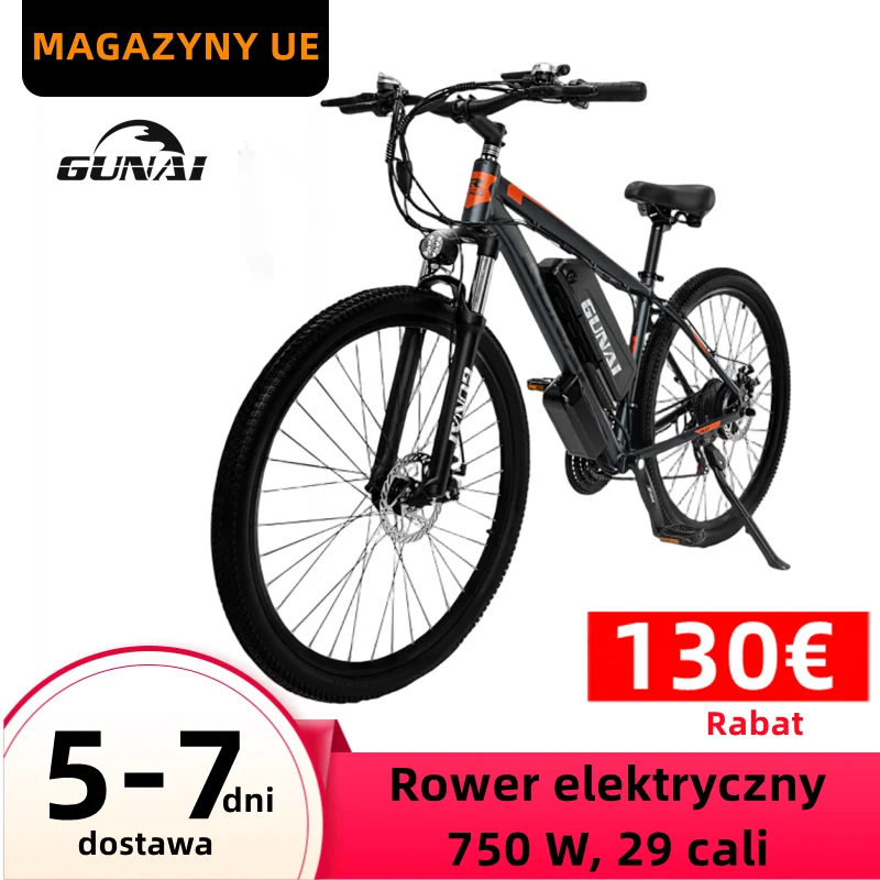 GUNAI 750W Electric Bicycle Motor, 2.1*29Inch Off-road Tyre Electric Bike, 48V 15AH Battery 21-speed Mountain Adults Motorcycle