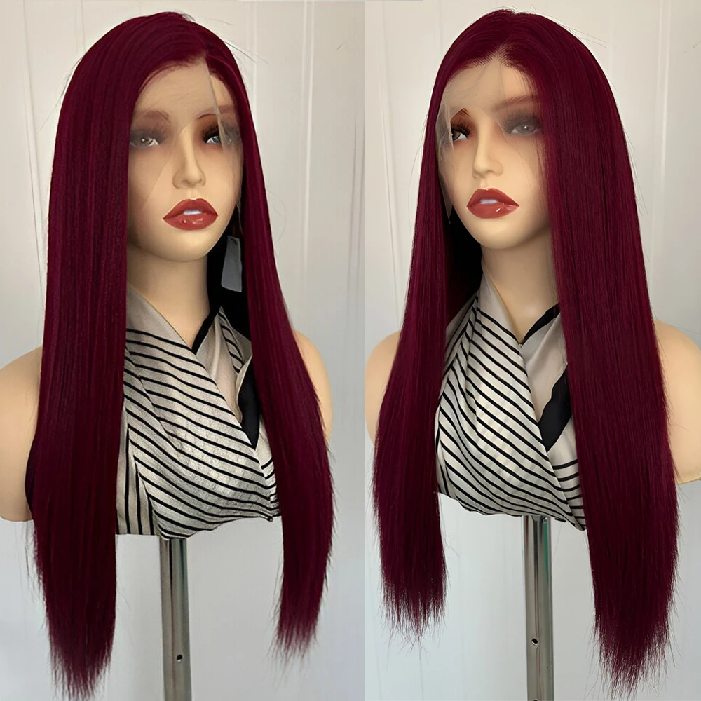 Wine Red Wig Synthetic Glueless Lace Wig For Women Natural Hairline Front Lace Wig Burgundy Long Silk Straight Hair Cosplay Wear