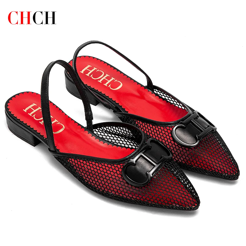 CHCH Women's Flat Shoes 2024 New Mesh Hollow Sandals Black Women's Shoes