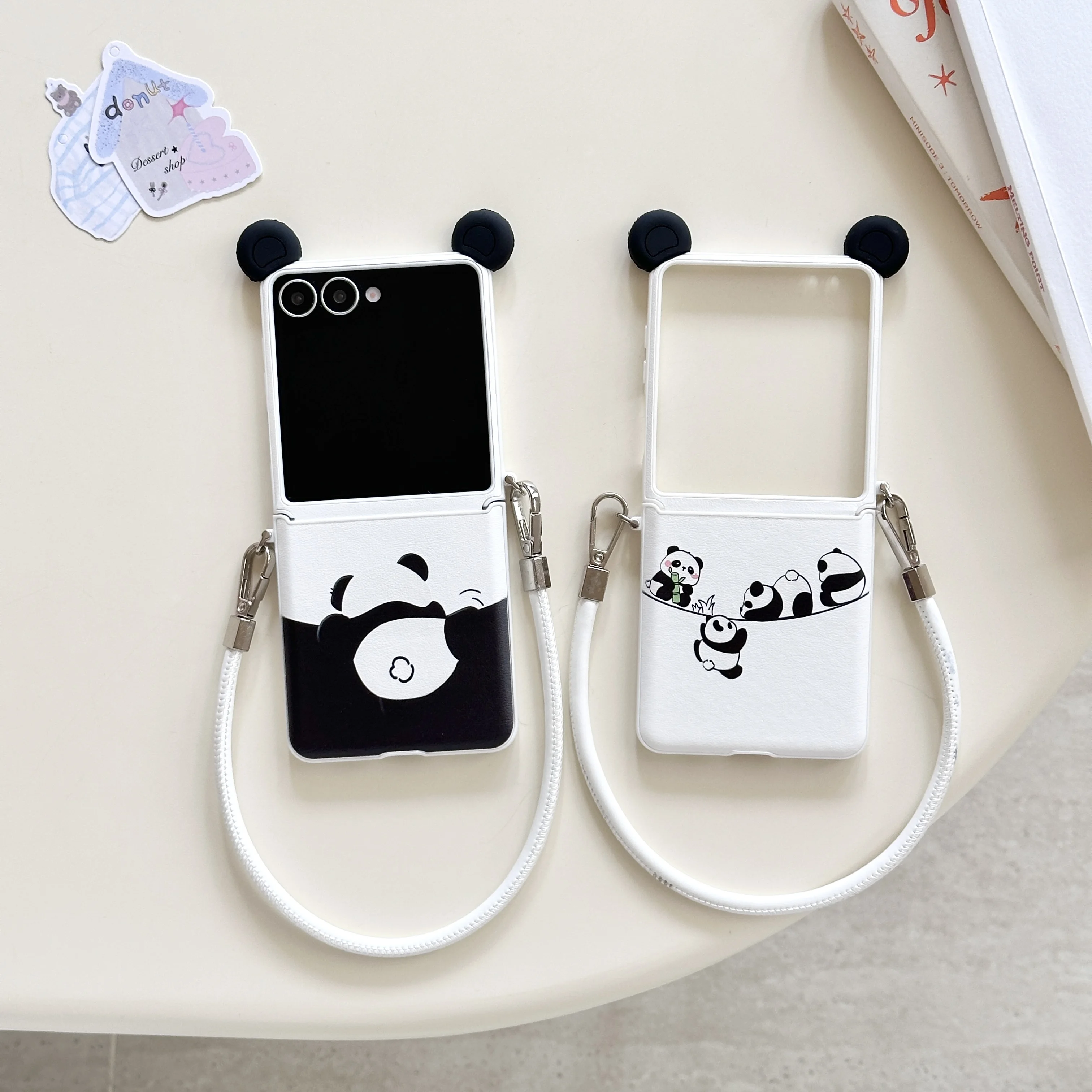

Back Cover For Samsung Galaxy Z Flip 7 6 5 4 3 Case Cute Panda Hand Straps Rope Pu Leather Hard Pc Shockproof Phone Case