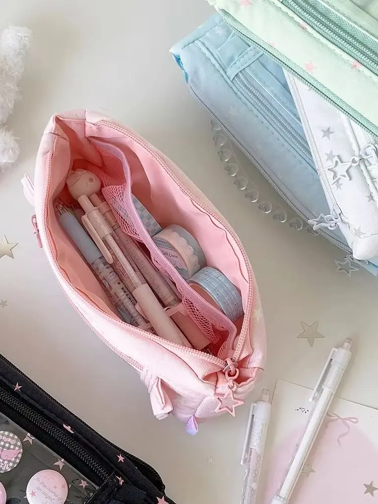 Candy Color Star Fabric Pencil Case Cute High Aesthetic Stationery Storage Pouch Girls Portable Pen Bag Back To School