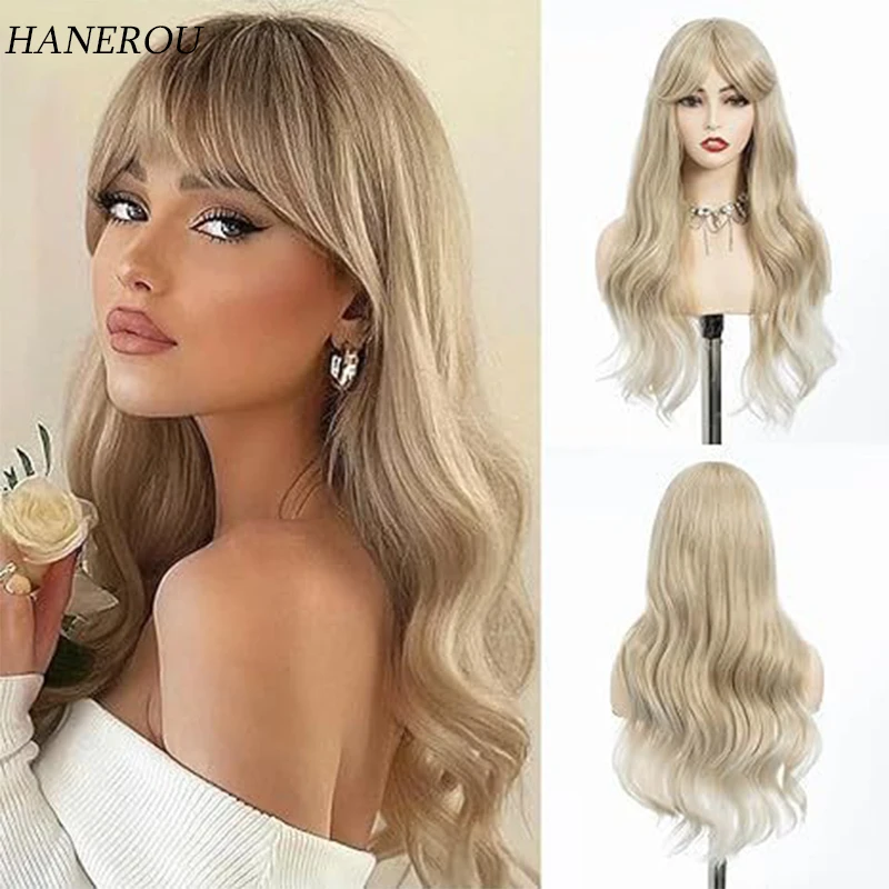 

Synthetic Long Wavy Blonde Gradient Wigs With Middle Part Bangs Wigs for White Women Daily Wear Cosplay Party Fake Hair